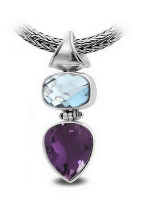 Sterling Silver Pendant With Blue Topaz Quartz And Amethyst Quartz In Two-Stone Balinese Design.