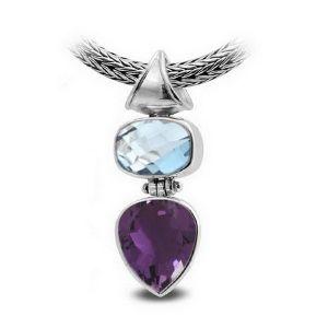 Sterling Silver Pendant With Blue Topaz Quartz And Amethyst Quartz In Two-Stone Balinese Design.