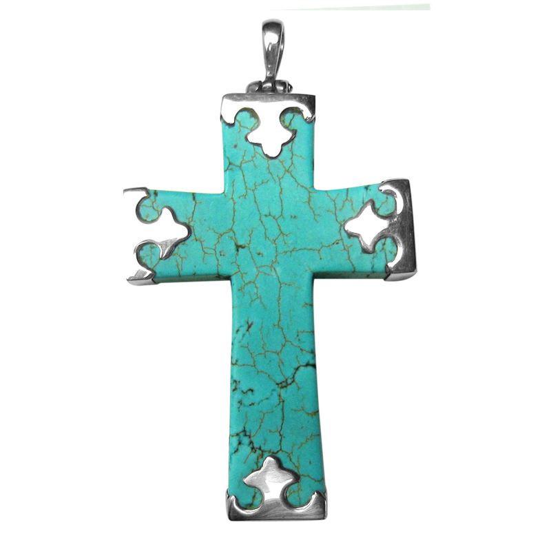 Sterling Silver Turquoise Shell Cross Pendant With Sculpted Balinese Accents.