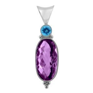 Sterling Silver Pendant With Amethyst Quartz And Blue Topaz Quartz In Oval Artisan Design.