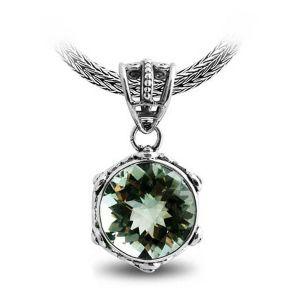 Sterling Silver Pendant With Green Amethyst Quartz And Sculpted Balinese Bezel.