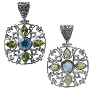 Sterling Silver Blue Topaz Quartz And Peridot Quartz Floral Scroll Pendant.