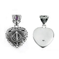 Sterling Silver Amethyst Quartz Khanda Heart Pendant With Ornate Balinese Scrollwork.