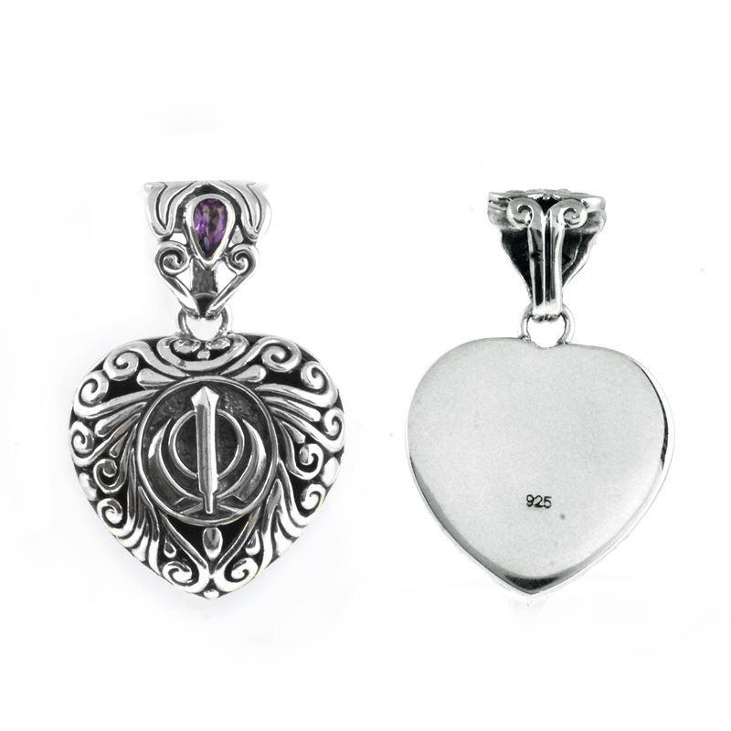 Sterling Silver Amethyst Quartz Khanda Heart Pendant With Ornate Balinese Scrollwork.
