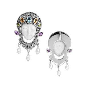 Sterling Silver Multi Stone Bone Face Pendant With Amethyst Quartz Blue Topaz Quartz Peridot Quartz Citrine Quartz And Mabe Pearl.