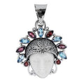Sterling Silver Blue Topaz Quartz Garnet Quartz Bone Face Pendant With Ornate Balinese Headdress.