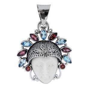Sterling Silver Blue Topaz Quartz Garnet Quartz Bone Face Pendant With Ornate Balinese Headdress.