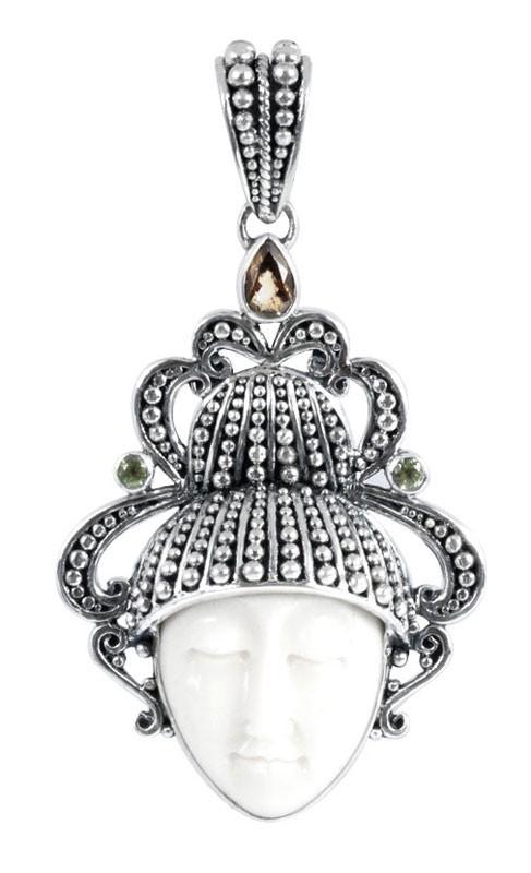 Sterling Silver Citrine Quartz Peridot Quartz Bone Face Pendant With Sculpted Balinese Headdress.