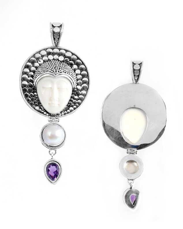 SP-5655-CO1 Sterling Silver Pendant With Fresh Water Pearl, Bone Face, Amethyst Q. Jewelry Bali Designs Inc 