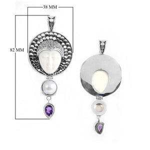 Sterling Silver Fresh Water Pearl Amethyst Quartz Bone Pendant With Textured Sunburst Frame.