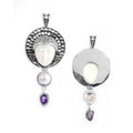Sterling Silver Fresh Water Pearl Amethyst Quartz Bone Pendant With Textured Sunburst Frame.