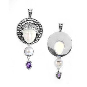 Sterling Silver Fresh Water Pearl Amethyst Quartz Bone Pendant With Textured Sunburst Frame.