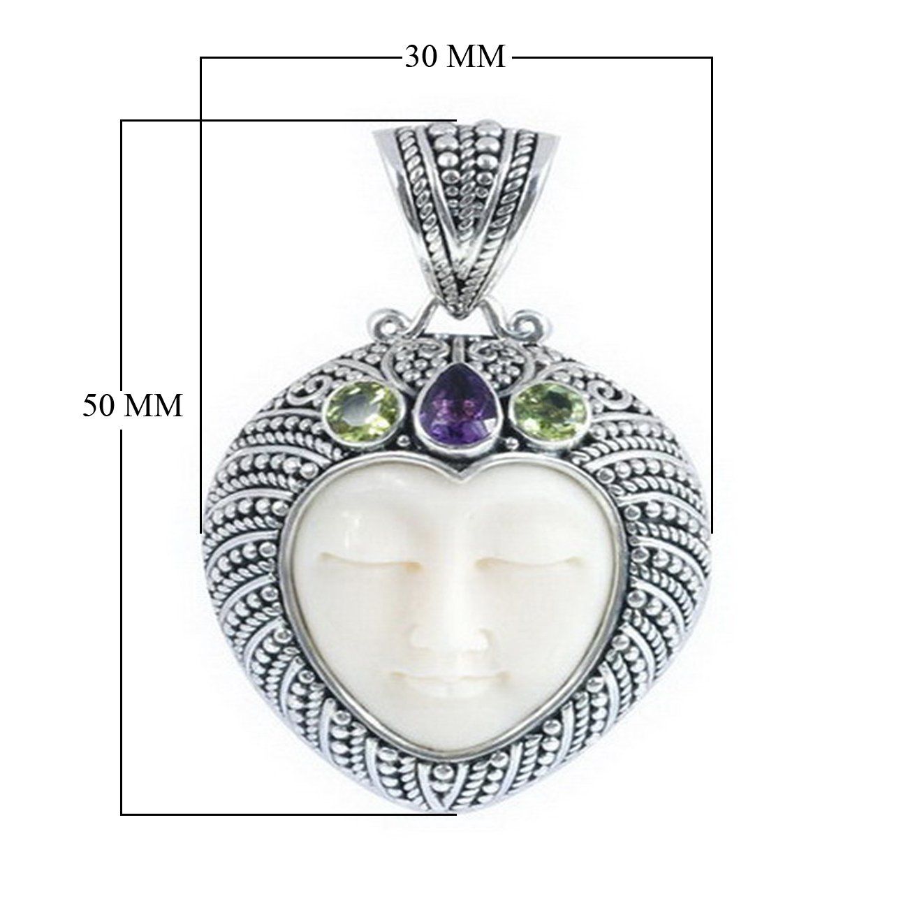 Sterling Silver Peridot Quartz Amethyst Quartz Bone Pendant With Ornate Heart Frame.