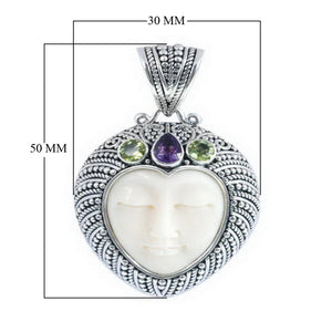 Sterling Silver Peridot Quartz Amethyst Quartz Bone Pendant With Ornate Heart Frame.