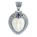 Sterling Silver Peridot Quartz Amethyst Quartz Bone Pendant With Ornate Heart Frame.