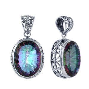 Sterling Silver Mystic Quartz Oval Pendant With Balinese Filigree Detailing.