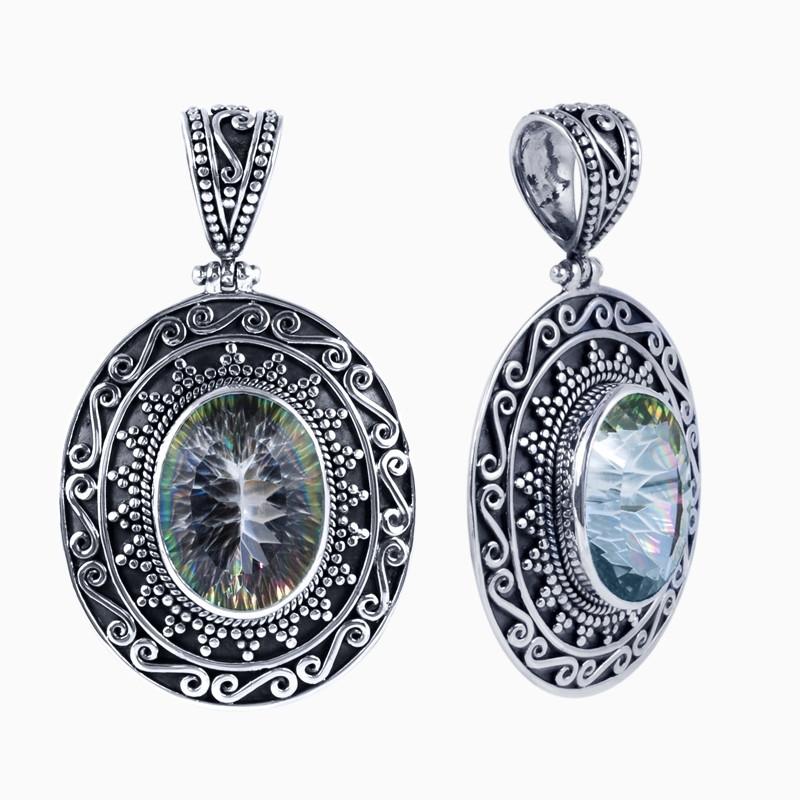 Sterling Silver Mystic Quartz Oval Pendant With Balinese Swirl And Granulated Detailing.