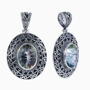 Sterling Silver Mystic Quartz Oval Pendant With Balinese Swirl And Granulated Detailing.