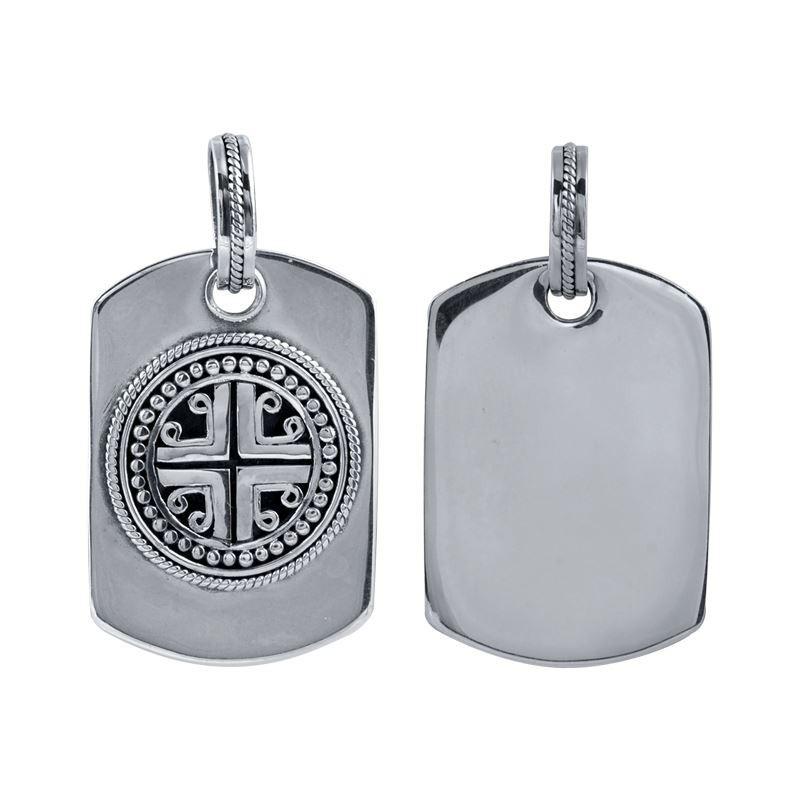 Sterling Silver Balinese Cross Medallion Tag Pendant With Rope Detailing.