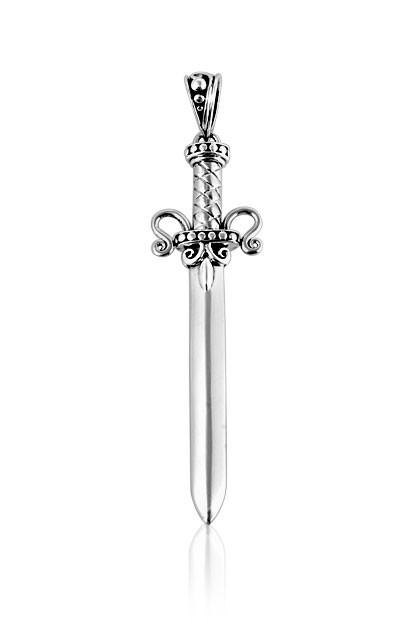 Sterling Silver Balinese Sword Pendant With Ornate Hilt Detailing.