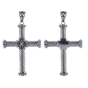 Sterling Silver Balinese Braided Rod Cross Pendant With Ornamental Center.