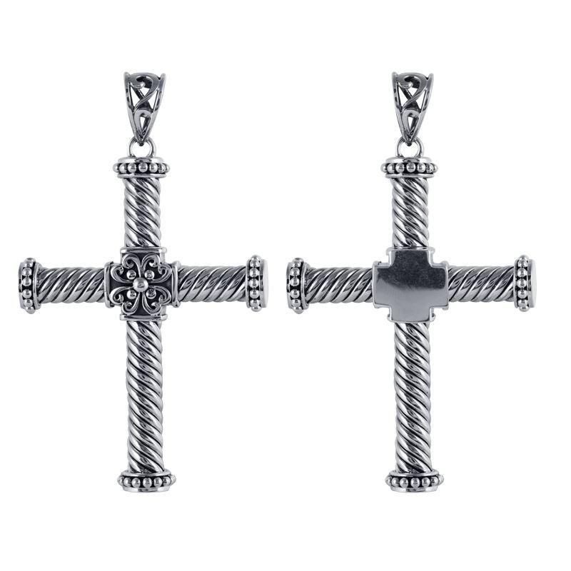 Sterling Silver Balinese Braided Rod Cross Pendant With Ornamental Center.