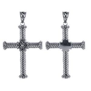 Sterling Silver Balinese Braided Rod Cross Pendant With Ornamental Center.