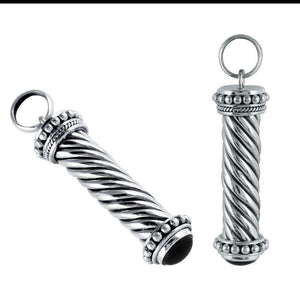 Sterling Silver Black Onyx Twisted Barrel Pendant With Beaded Balinese Caps.