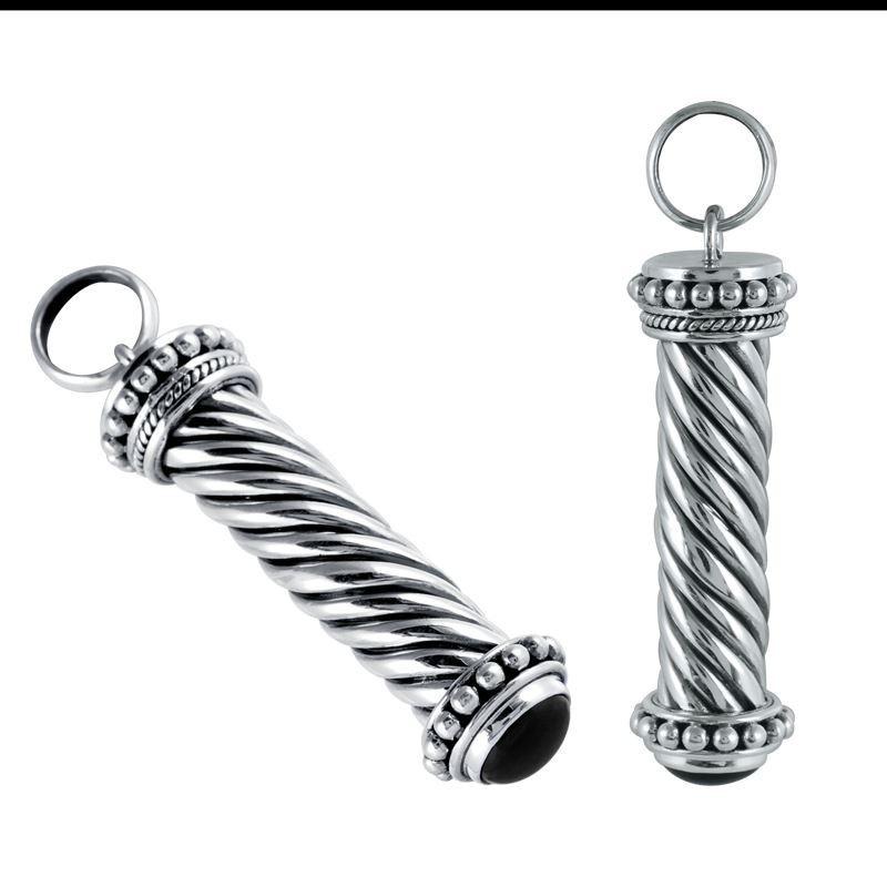 Sterling Silver Black Onyx Twisted Barrel Pendant With Beaded Balinese Caps.