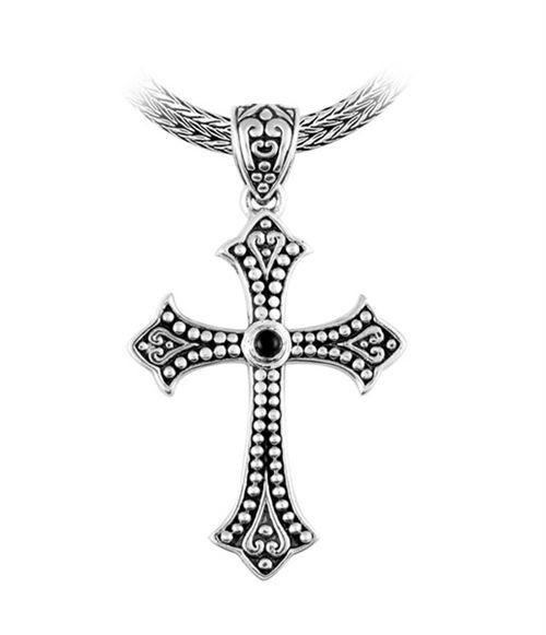 SP-5700-OX Sterling Silver Beautiful Blessing Cross Pendant With Onyx Jewelry Bali Designs Inc 