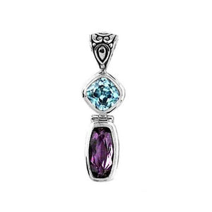 Sterling Silver Blue Topaz Quartz And Amethyst Quartz Two-Stone Vertical Pendant