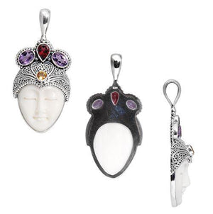 Sterling Silver Bone Face Pendant With Garnet Quartz Amethyst Quartz And Citrine Quartz