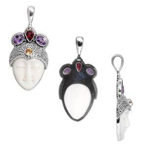 Sterling Silver Bone Face Pendant With Garnet Quartz Amethyst Quartz And Citrine Quartz