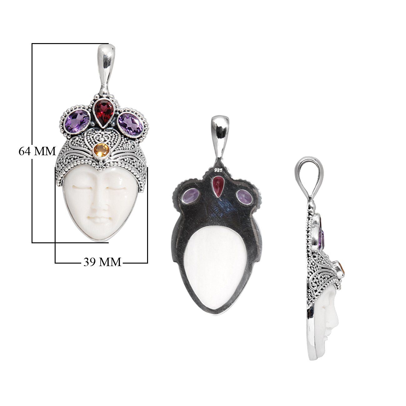 Sterling Silver Bone Face Pendant With Garnet Quartz Amethyst Quartz And Citrine Quartz