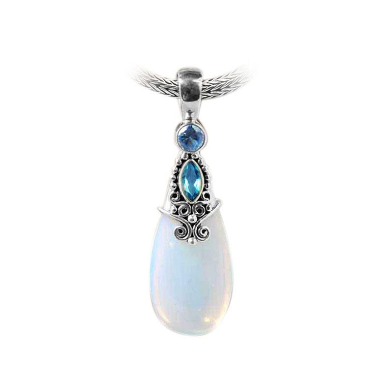 Sterling Silver Blue Topaz Quartz And White Opalite Quartz Filigree Drop Pendant