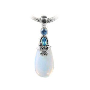 Sterling Silver Blue Topaz Quartz And White Opalite Quartz Filigree Drop Pendant