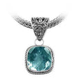 Sterling Silver Blue Topaz Quartz Cushion Rope Pendant With Ornate Balinese Bail