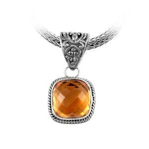 Sterling Silver Citrine Quartz Cushion Rope Pendant With Ornate Balinese Bail