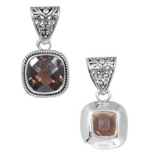 Sterling Silver Smoky Quartz Cushion Rope Pendant With Ornate Balinese Bail