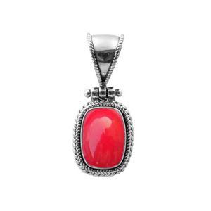 Sterling Silver Red Coral Oval Rope Pendant With Granulated Accent Bar