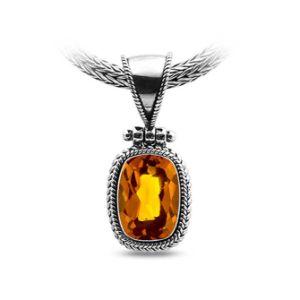 Sterling Silver Citrine Quartz Oval Rope Pendant With Granulated Accent Bar