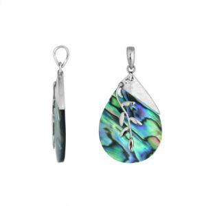 Sterling Silver Abalone Shell Teardrop Pendant With Hammered Top And Leaf Overlay