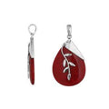Sterling Silver Red Coral Teardrop Pendant With Hammered Top And Leaf Accent
