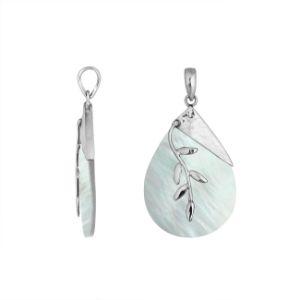 Sterling Silver White Shell Teardrop Pendant With Hammered Top And Leaf Accent