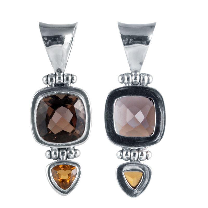 Sterling Silver Pendant With Smokey Quartz And Citrine Quartz In Structured Bali Design