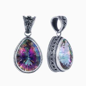 Sterling Silver Teardrop Pendant With Mystic Quartz In Detailed Bali Design
