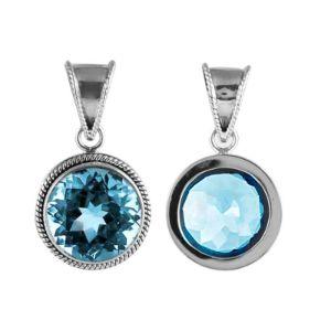 Sterling Silver Round Pendant With Blue Topaz Quartz And Rope Bali Border