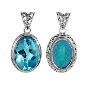 Sterling Silver Oval Pendant With Blue Topaz Quartz And Scroll Bali Frame