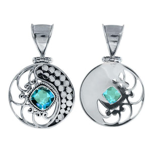 Sterling Silver Round Pendant With Blue Topaz Quartz And Ornate Bali Filigree