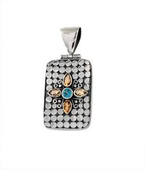 Sterling Silver Rectangular Pendant With Blue Topaz Quartz And Citrine Quartz Star Design